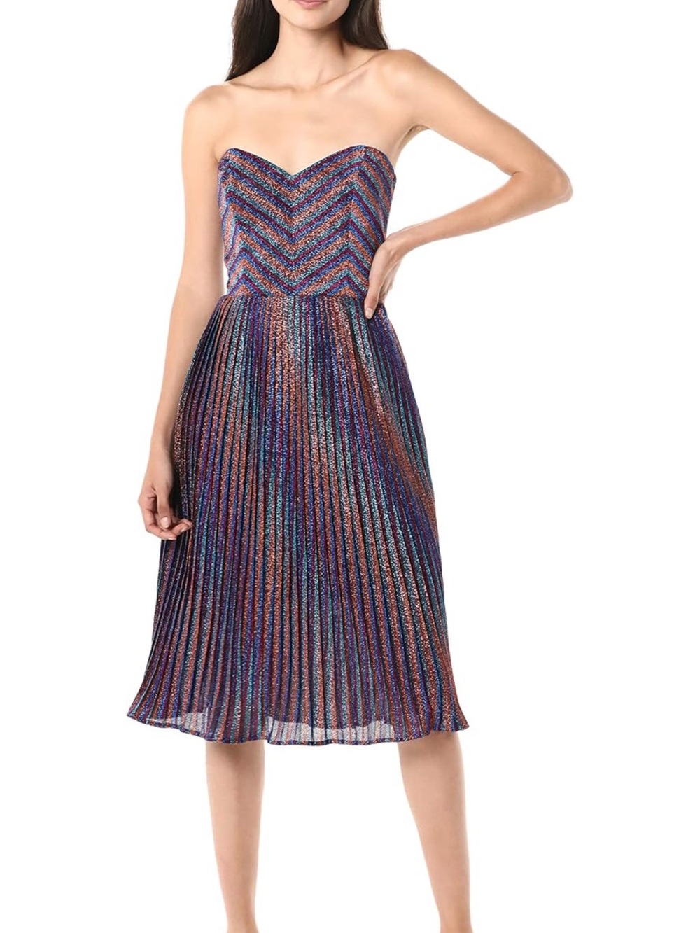 Dress the Population Strapless Metallic Multicolor Pleated Midi Dress